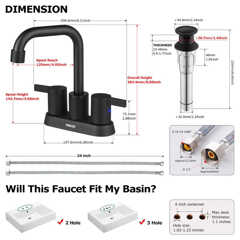 PARLOS 2-Handle Matte Black Bathroom Faucet for Lavatory with Pop-up Sink Drain and Faucet Supply Lines, 1431604 - Image 5